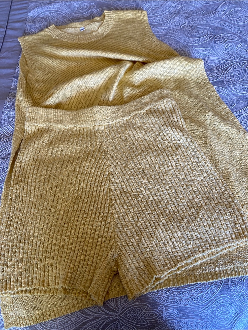Yellow Sleeveless Knit Sweater Set with top and shorts